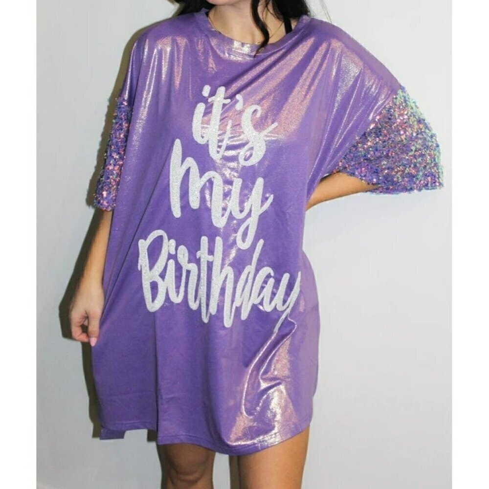 Birthday Queen Foil Sequin Dress in Lavender - Picture 2 of 5
